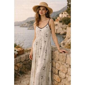 Piamita Silk Printed Maxi Slip Dress Size XS Ivory Black Strappy Luxury